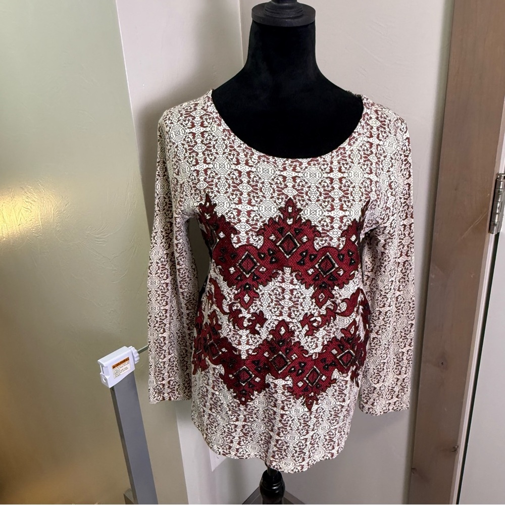 Sundance‎ Boho Embroidered Top Long Sleeve Blouse Beaded Red Black Geometric S